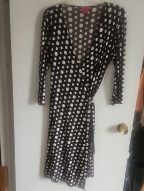 Sunny Leigh Black Wrap Midi Dress with White Polka Dots